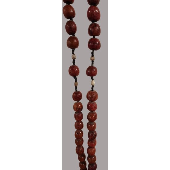 HUGE Handcrafted Wooden Rosary Necklace With Crucifix Red Beads & Yellow String - Picture 5 of 13